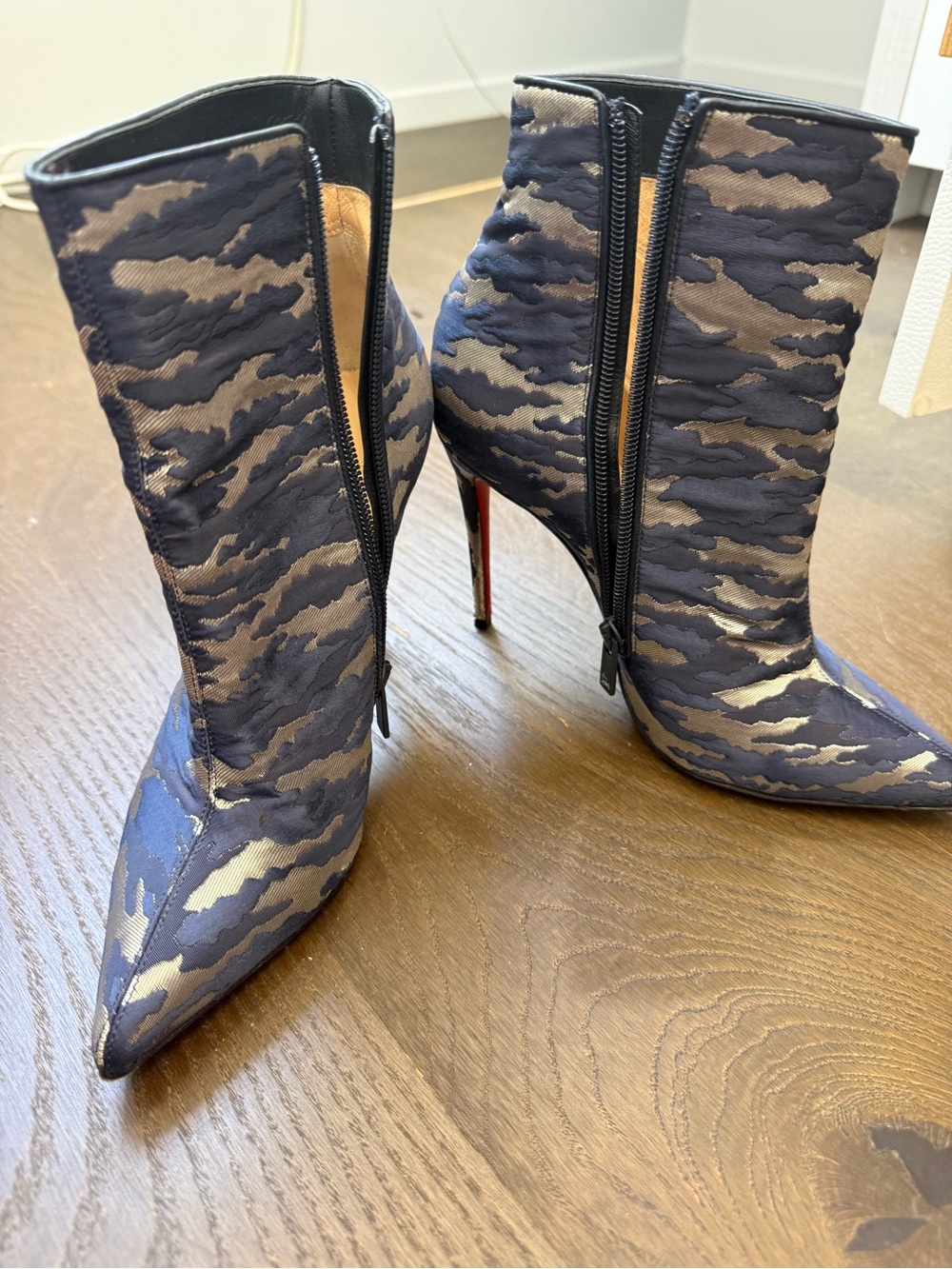 Christian Louboutin Navy and Gold Camouflage Quilted Pointed Ankle Boots